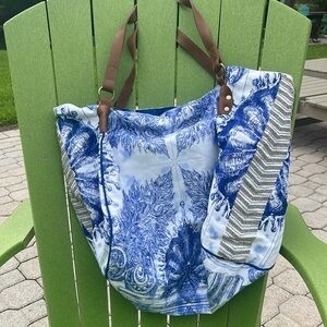 Jasoer&Jeera at Anthropologie Blue and White Tote with Silver Beading NWOT